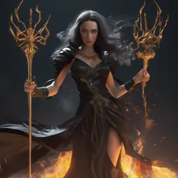half-spider sorceress with a black dress made of shadows and a golden scepter, volcano, ultra realistic, concept art, intricate details, eerie, highly detailed, photorealistic, octane render, 8k, unreal engine. art by Artgerm and Greg Rutkowski