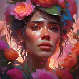 portrait of androgynous face crying, flowers neon, fibonacci, sweat drops, insane, intricate, highly detailed, digital painting, artstation, concept art, smooth, sharp focus, illustration, Unreal Engine 5, 8K, art by artgerm and greg rutkowski and alphonse mucha