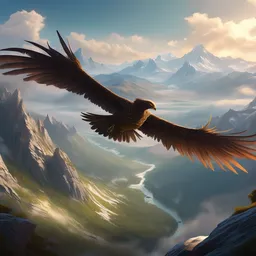 flying high on a mountain, the valley beneath, dynamic lighting, photorealistic fantasy concept art, trending on art station, stunning visuals, creative, cinematic, ultra detailed