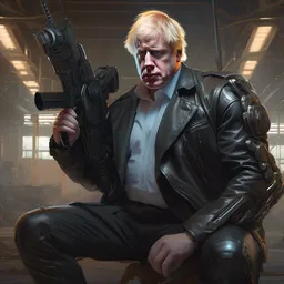 Boris Johnson as Terminator, Boris Johnson hairstyle, full body realistic portrait, highly detailed, digital painting, artstation, concept art, smooth, sharp focus, illustration, cinematic lighting, art by artgerm and greg rutkowski and alphonse mucha
