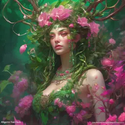 beautiful green pink bling bling of the queen of forest, complicated vines branches and bling bling flowers in naturalism headwears, dark fantasy, intricate, elegant, highly detailed, digital painting, artstation, highly saturated colors, concept art, matte, 3 d 8 k octane rendered, sharp focus, illustration, art by artgerm and alphonse mucha, leesha hannigan