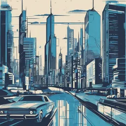 a icon of futuristic cityscape with a pop-art style, creating a elegant mood in a vintage theme, featuring blue color.