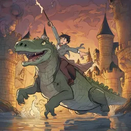 A detective is pouncing on a crocodile in a mysterious castle in the light of a bonfire while galloping on a mythical unicorn.