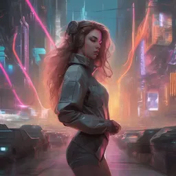 beautiful,  full-body, young woman, cybernetic, cyberpunk, wires, cables, halo, glow, bladerunner city in the background, detailed gorgeous face, flowing hair, vaporwave aesthetic, synthwave , digital painting, artstation, concept art, smooth, sharp focus, illustration, art by artgerm and greg rutkowski and alphonse mucha