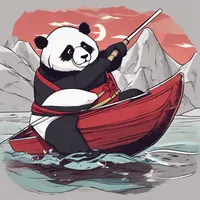 A ninja is swimming on a panda in a secret cave in the morning while sailing a red boat.