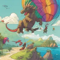 A dragon is pouncing on a elephant on a deserted island in the morning while paragliding with a colorful parachute.
