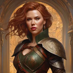 scarlett johanson as a rogue, leather armor, d & d, fantasy, intricate, elegant, highly detailed, digital painting, artstation, concept art, matte, sharp focus, illustration, art by greg rutkowski and alphonse mucha