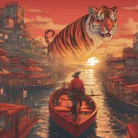A chef is exploring on a tiger in a bustling city at sunset while sailing a red boat.
