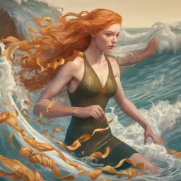 beautiful ginger surfer is surfing on a surfboard in a sea of pasta, art nouveau, fantasy, intricate pasta waves, elegant, highly detailed, sharp focus, action art by artgerm and greg rutkowski and wlop