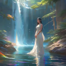 beautiful long haired goddness of water, dress, portrait, water everywhere, rainbow, highly detailed, digital painting, artstation, concept art, global illumination, ray tracing smooth, sharp focus, illustration, art by artgerm and greg rutkowski and makoto shinkai, jeremy lipkin