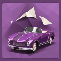 a icon of vintage car with a origami style, creating a dynamic mood in a modern theme, featuring purple color.