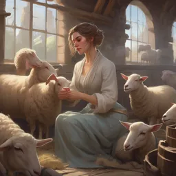 a lady spinning wool on an old sheep farm, deep focus, d & d, fantasy, intricate, elegant, highly detailed, digital painting, artstation, concept art, matte, sharp focus, illustration, hearthstone, art by artgerm and greg rutkowski and alphonse mucha