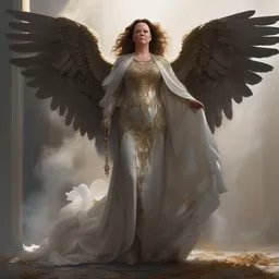 Full body potrait of Melissa McCarthy as and angel , angel is partly draped with bones, angel,is split in two with smoke, fantasy, intricate, elegant, highly detailed, digital painting,  artstation, woman is curved, concept art, smooth, sharp focus, illustration, art by Ilja Repin