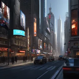 modern downtown city, Parisian buildings, billboards, advertisements, Times Square, small buildings, dark, matte painting, concept art, digital painting, style of Ian Hubert, warm lighting, futuristic, volumetric lighting, street view, daytime, godrays , high detail, no sky scrapers