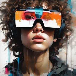 hyperrealistic portrait of a young teenager with curly hair with vr glasses, by Guy Denning, by Johannes Itten, by Russ Mills, centered, glitch art, hacking effects, digital tech effects, cyberpunk, color blocking! , oil on canvas, intricate detail, concept art, abstract, octane render, octane, cgsociety, 8k, trending on artstation