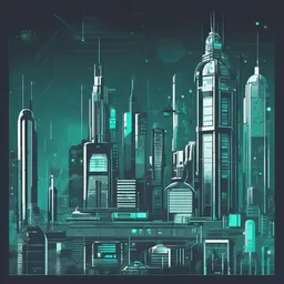 a icon of sci-fi metropolis with a flat style, creating a minimalist mood in a modern theme, featuring teal color.