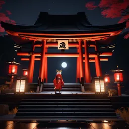 kitsune protecting a japanse shrine at night with the moonlight, Unreal Engine, Trending on Artstation