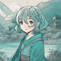 a icon of anime adventure with a doodle style, creating a serene mood in a fantasy theme, featuring teal color.