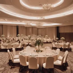 Elegant Ballroom with a minimalist style, creating a whimsical mood in a luxurious theme, featuring earth-toned color.