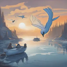 A ghost is roaring on a penguin by a tranquil river at dawn while flying a blue spaceship.