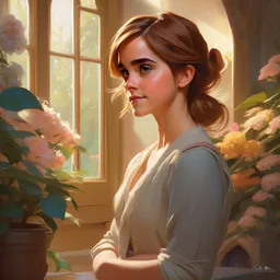 cute buxom emma watson babysitter, natural lighting, path traced, highly detailed, high quality, digital painting, by don bluth and ross tran and studio ghibli and alphonse mucha, artgerm