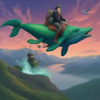 A time traveler is flying on a humpback whale on a mountaintop at twilight while riding a green horse.