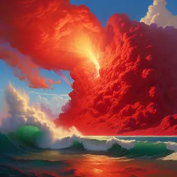 a boiling red sea with erupting geysers of superheated water, extremely detailed oil painting, unreal 5 render, rhads, Bruce Pennington, Studio Ghibli, tim hildebrandt, digital art, octane render, beautiful composition, trending on artstation, award-winning photograph, masterpiece
