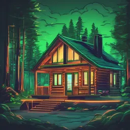 a icon of cozy log cabin with a neon style, creating a captivating mood in a modern theme, featuring green color.