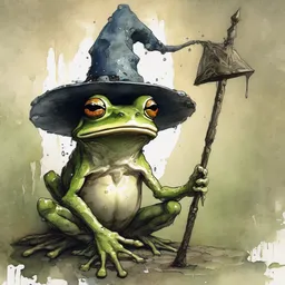 detailed frog with a wizard hat by Jean-Baptiste Monge and frank frazetta , post processing, painterly, book illustration watercolor granular splatter dripping paper texture, ink outlines, painterly, trending on artstation, trending on pinterest childrens art