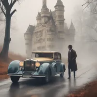 A detective is hunting on a zebra in a mysterious castle on a foggy day while driving a golden car.