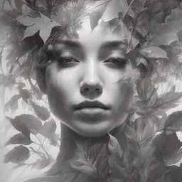 intricate foliage beauty double exposure portrait, artstation, tony sart, photorealism, grayscale, otherworldly fantasy illustration, by artgerm