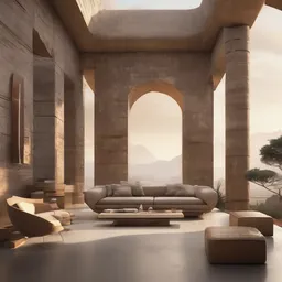 Ancient Ruins with a modern style, creating a elegant mood in a futuristic theme, featuring earth-toned color.