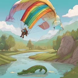 A cowboy is climbing on a crocodile by a tranquil river during a rainbow while paragliding with a colorful parachute.