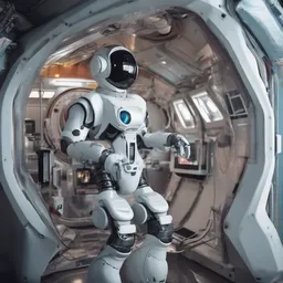 A futuristic robot companion assisting astronauts on a space station