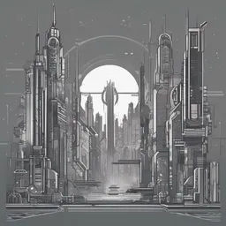 a icon of sci-fi metropolis with a line-art style, creating a minimalist mood in a cyber theme, featuring gray color.