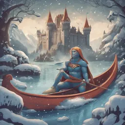 A superhero is sleeping on a dolphin in a mysterious castle amidst falling snowflakes while rowing a wooden canoe.