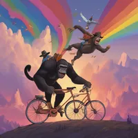 A cowboy is flying on a gorilla on a mountaintop at twilight while cycling on a rainbow-colored bicycle.