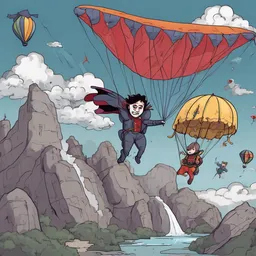 A vampire is diving on a jaguar on a big stone during a thunderstorm while paragliding with a colorful parachute.