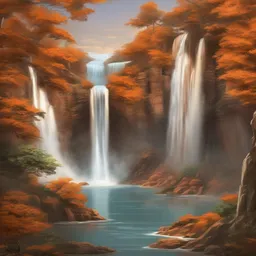 a icon of mesmerizing waterfall with a realistic style, creating a serene mood in a sports theme, featuring orange color.