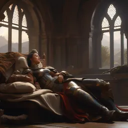 a fancy portrait of a sleeping giant female being guarded by a small worrior by Greg Rutkowski, Sung Choi, Mitchell Mohrhauser, Maciej Kuciara, Johnson Ting, Maxim Verehin, Peter Konig, final fantasy, Marco lense , 8k photorealistic, cinematic lighting, HD, high details, atmospheric , trending on artstation