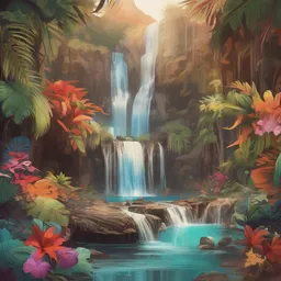 Waterfall Paradise with a colorful style, creating a sophisticated mood in a adventurous theme, featuring earth-toned color.
