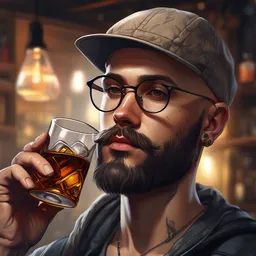 portrait of a young bald bearded and tattoed man wearing glasses and a backwards hat, drinking a glass of whiskey, digital painting, highly detailed, hd, 4k, trending on artstation