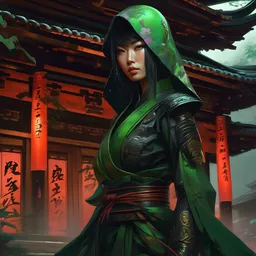 portrait a Ninja gaiden girl, armored black and green ninja wardrobe, in ruin japanese rainny temple night, ssci-fi and fantasy, intricate and very very beautiful and elegant, highly detailed, digital painting, artstation, concept art, smooth and sharp focus, illustration, art by tian zi and WLOP and alphonse mucha