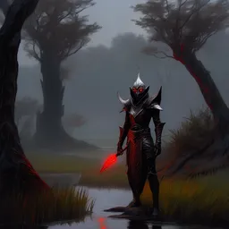 A Dark Elf Dunmer wearing Daedric armor and a cowl with glowing red eyes leviates like Vivec in the rain in the Morrowind wetlands, oil painting, glow, runes, magic, morrowind, Skywind, Oblivion, Skyrim, dark, gloomy, House Telvanni, grass, trees, swamp, divayth fyr, pointy ears, high cheekbones, portrait, concept art, 4k, macro detail, stride, realistic shadows, mushroom trees, r/skywind, r/morrowind, 4k morrowind concept art, bloom, cosplay