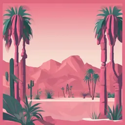 a icon of desert oasis with a flat style, creating a minimalist mood in a tropical theme, featuring pink color.
