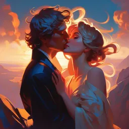 the kiss, light from above, fantasy, portrait, sharp focus, intricate, elegant, digital painting, artstation, matte, highly detailed, concept art, illustration, ambient lighting, art by ilya kuvshinov, artgerm, alphonse mucha, and greg rutkowski