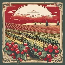 a icon of sunny vineyard with a illustrated style, creating a playful mood in a vintage theme, featuring red color.