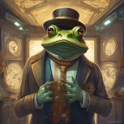 anthropomorphic art of a timelord frog inside tardis, victorian inspired clothing by artgerm, victo ngai, ryohei hase, artstation. fractal papersand books. highly detailed digital painting, smooth, global illumination, fantasy art by greg rutkowsky, karl spitzweg, doctor who
