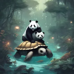 A ghost is diving on a panda in a dense forest at night while swimming on a giant turtle.