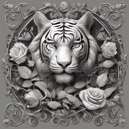 beautiful decorative classical ornamental emblem, sacred spirit tiger, fibonacci rhythms, roses, lilies, rose petals, lily petals, acanthus scrolls, small medium and large elements, artgerm, trending on artstation, wlop, russ abbott, chiaroscuro, grayscale